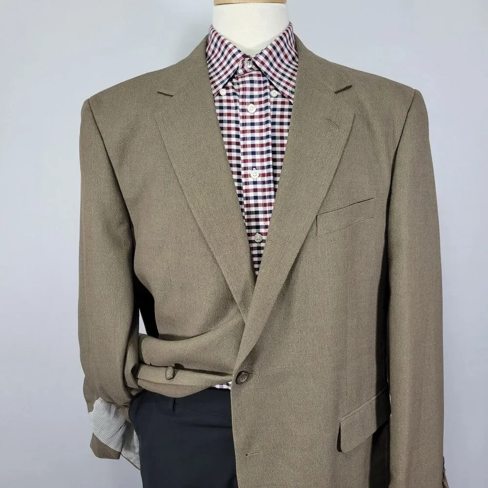 Stafford Essentials Mens Sport Coat Blazer Two Button Olive Green Brown Poly 46L